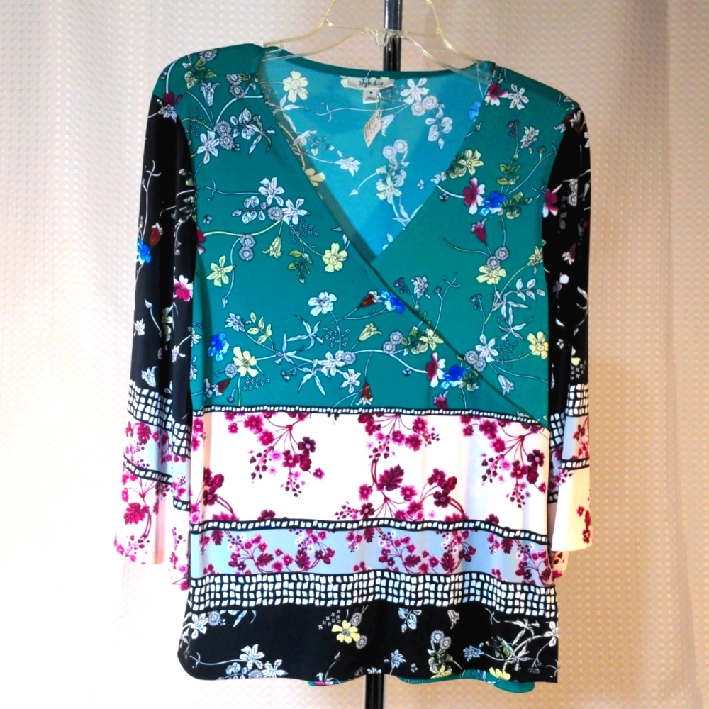Style 3/4 sleeve stretch blouse green black M